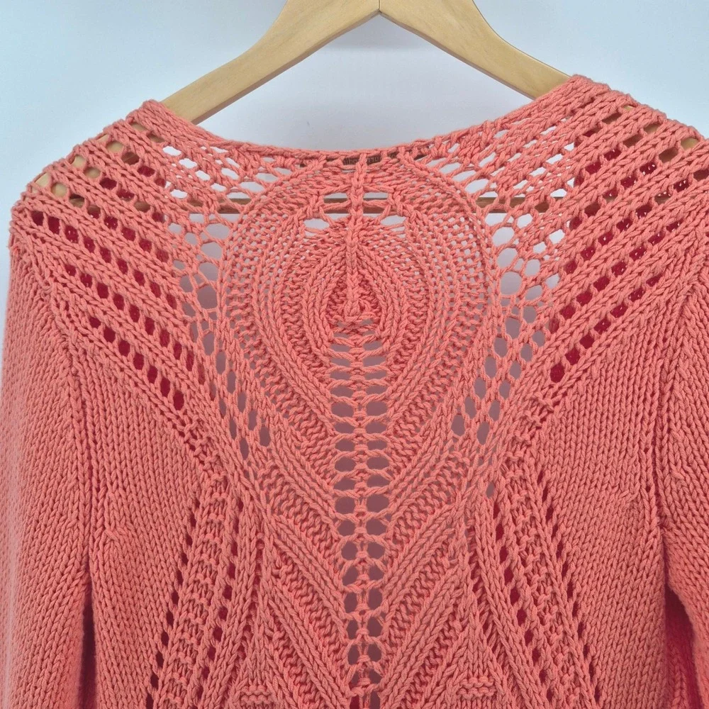Soft Surroundings Coral Orange Crochet Knit Button Front Cardigan Sweater‎ PM